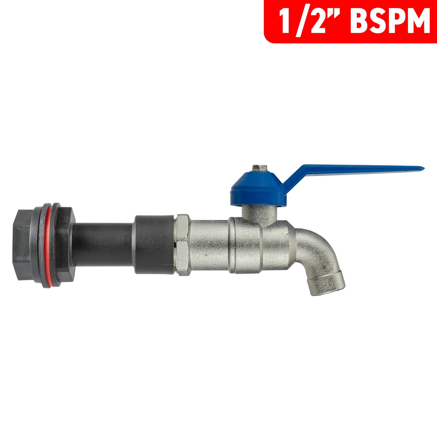 1/2" BSPM extension tap with blue lever, silver valve body, black mounting coupler