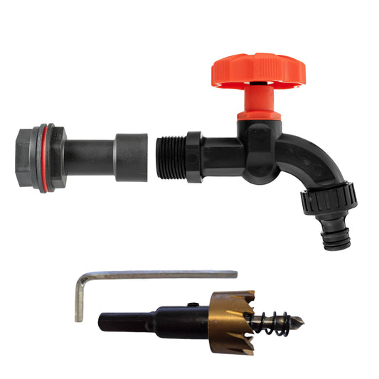 Water butt extension tap kit: black 1/2" fitting, orange dial top, drill bit, hex key