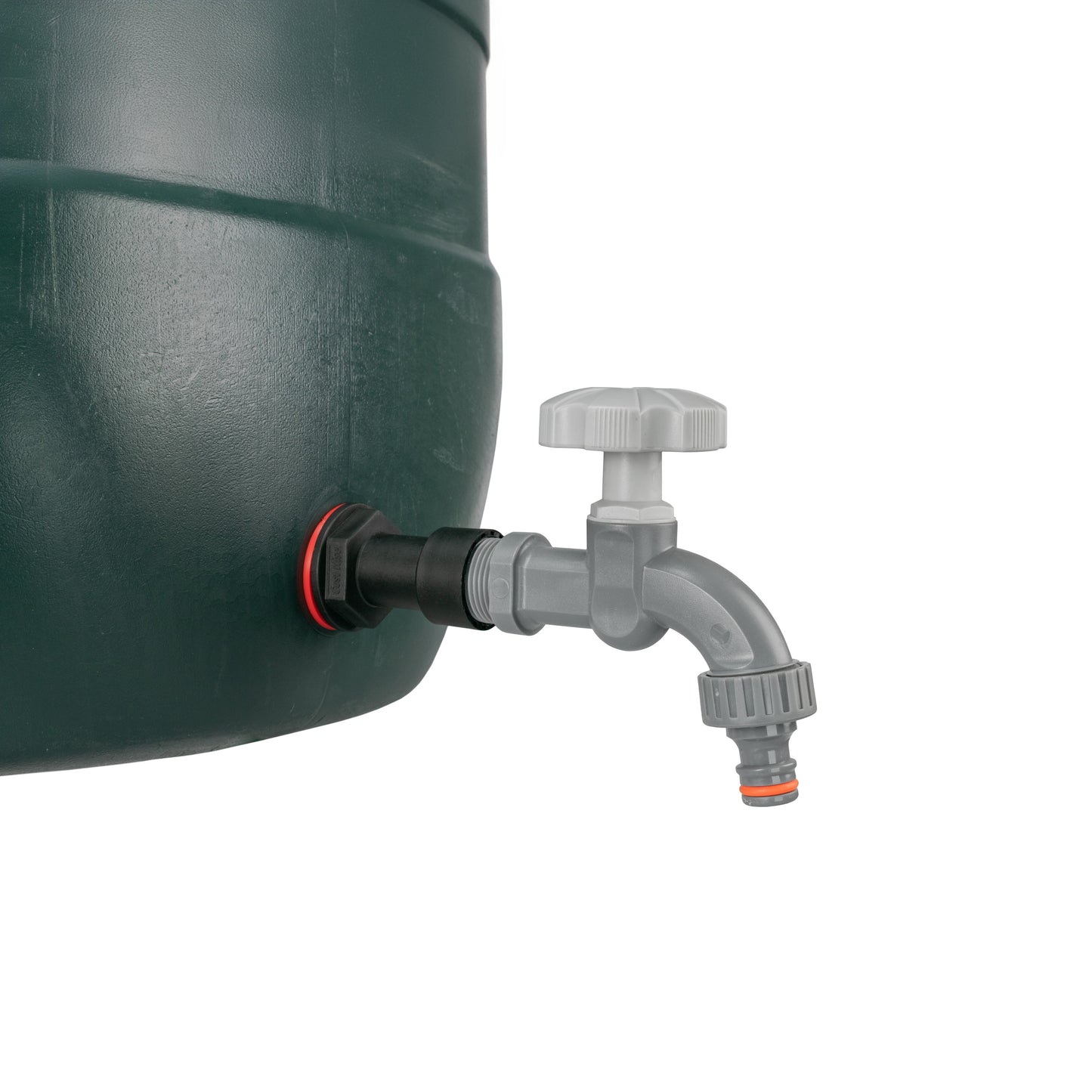Water butt tap adapter with grey dial, outlet spout, orange end seal