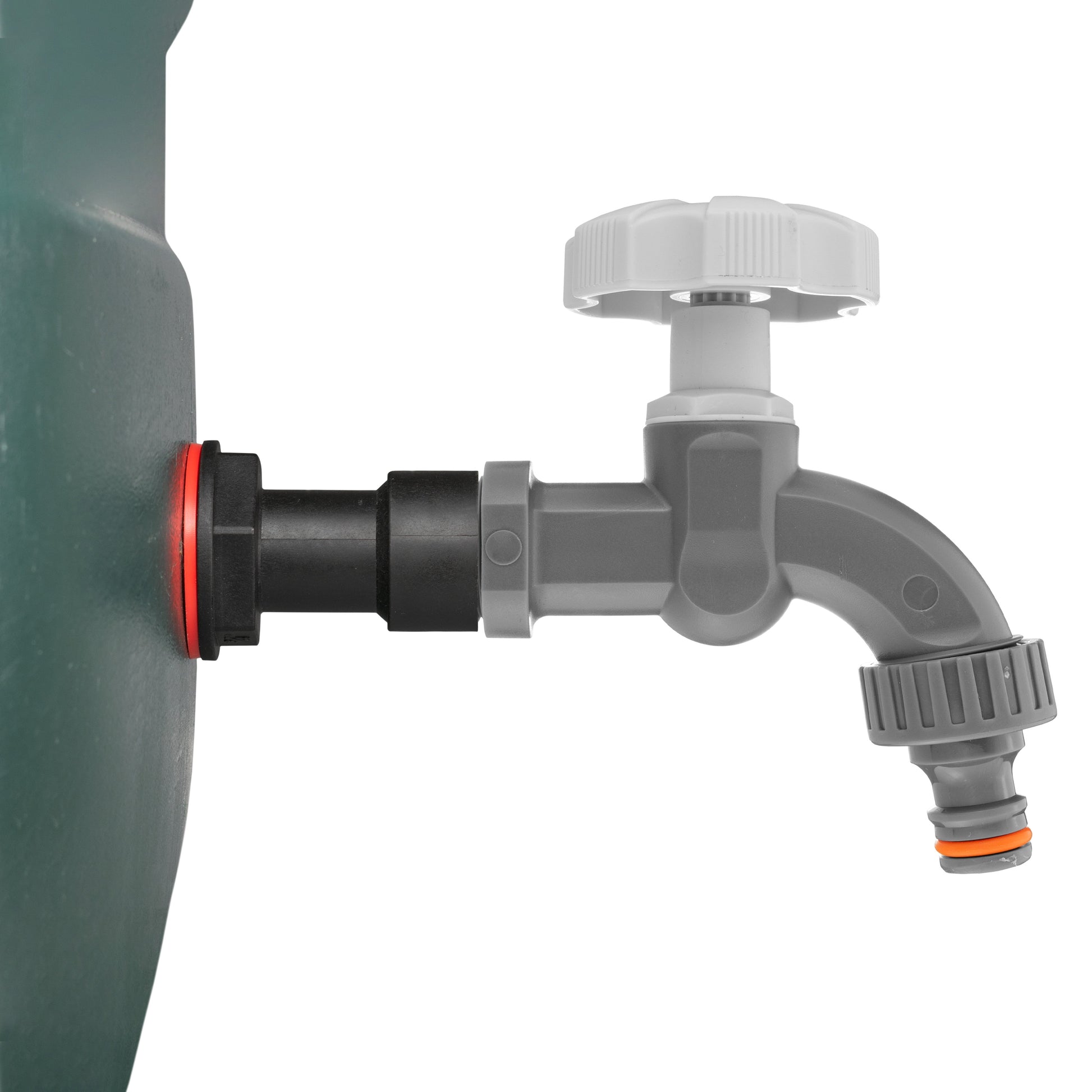 Water Butt Extension Kit tap with grey dial and garden spigot, black inlet