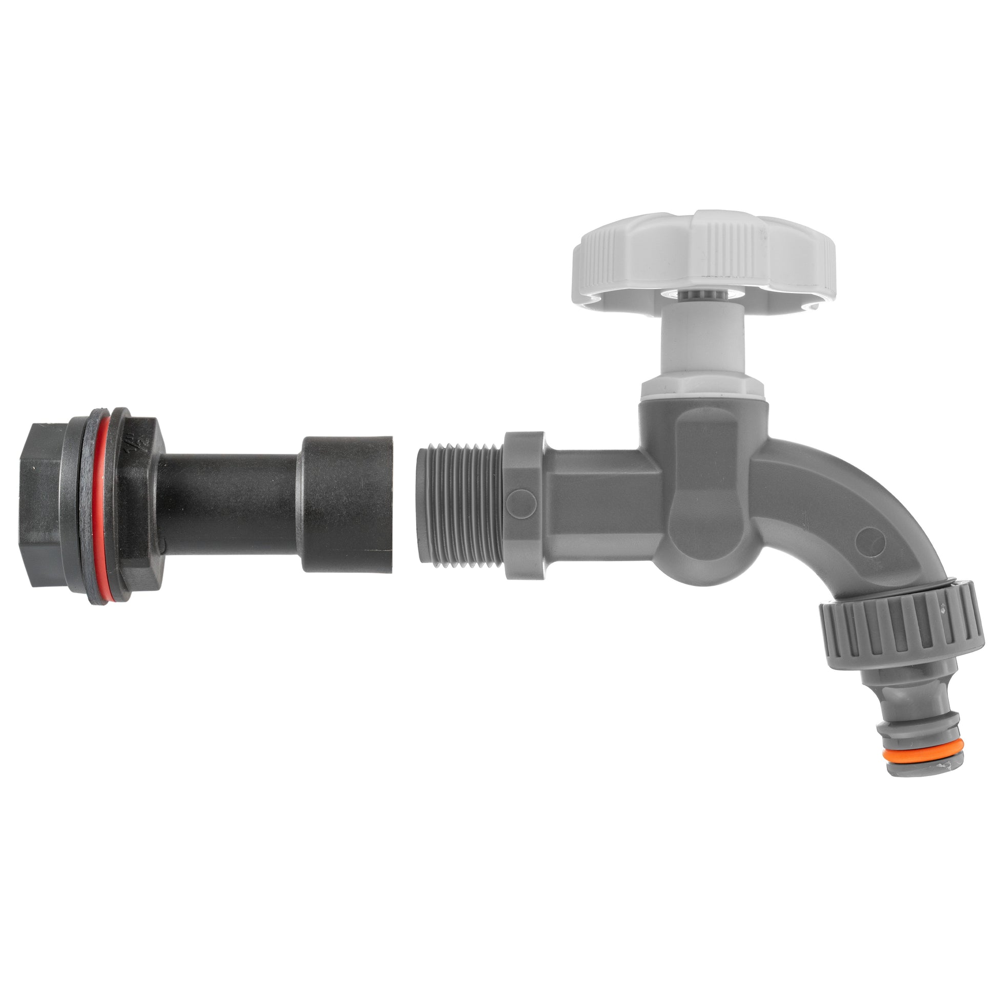 Water butt extension tap with threaded connector, grey dial and spigot, orange seal