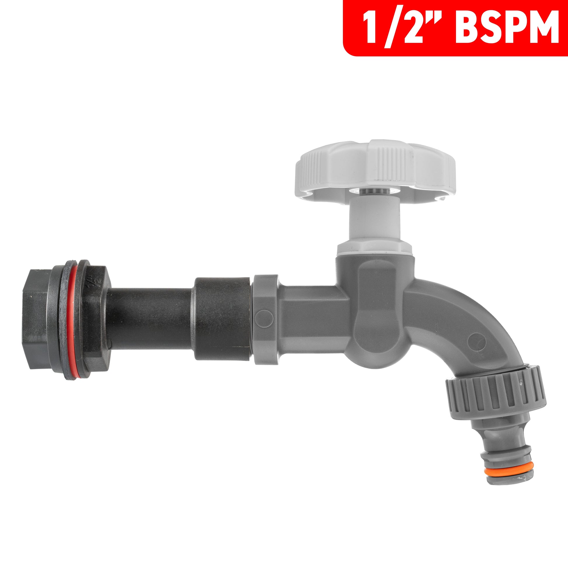 Water butt tap extension, 1/2" BSPM, grey dial and spigot with orange seal