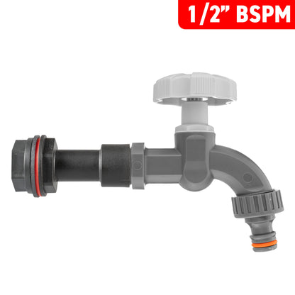 Water butt tap extension, 1/2" BSPM, grey dial and spigot with orange seal