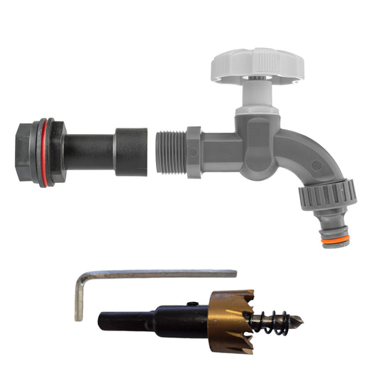 Water Butt Extension Kit with grey dial tap, 1/2" BSPM, and drill bit