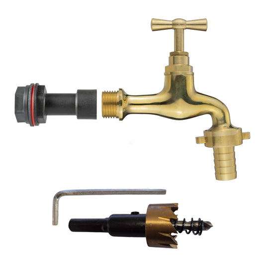Water butt extension tap kit with polished brass tap, 13mm barb connector, drill bit