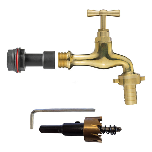 Water butt extension tap kit with 1/2" BSP brass spigot, 19mm barbed connector and drill bit