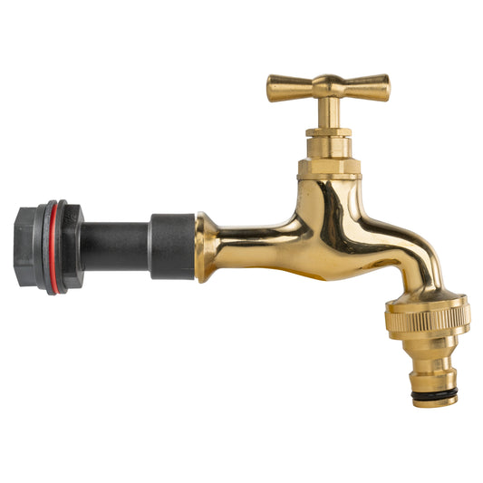 Polished brass water butt extension tap kit with quick connect coupler and 1/2" tail