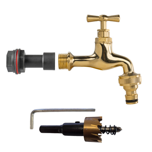 Polished brass 1/2" BSPM tap with black quick-connect hose connector