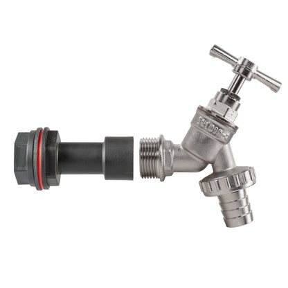 Nickel-plated barbed tap with lever handle, black connector, and threaded section