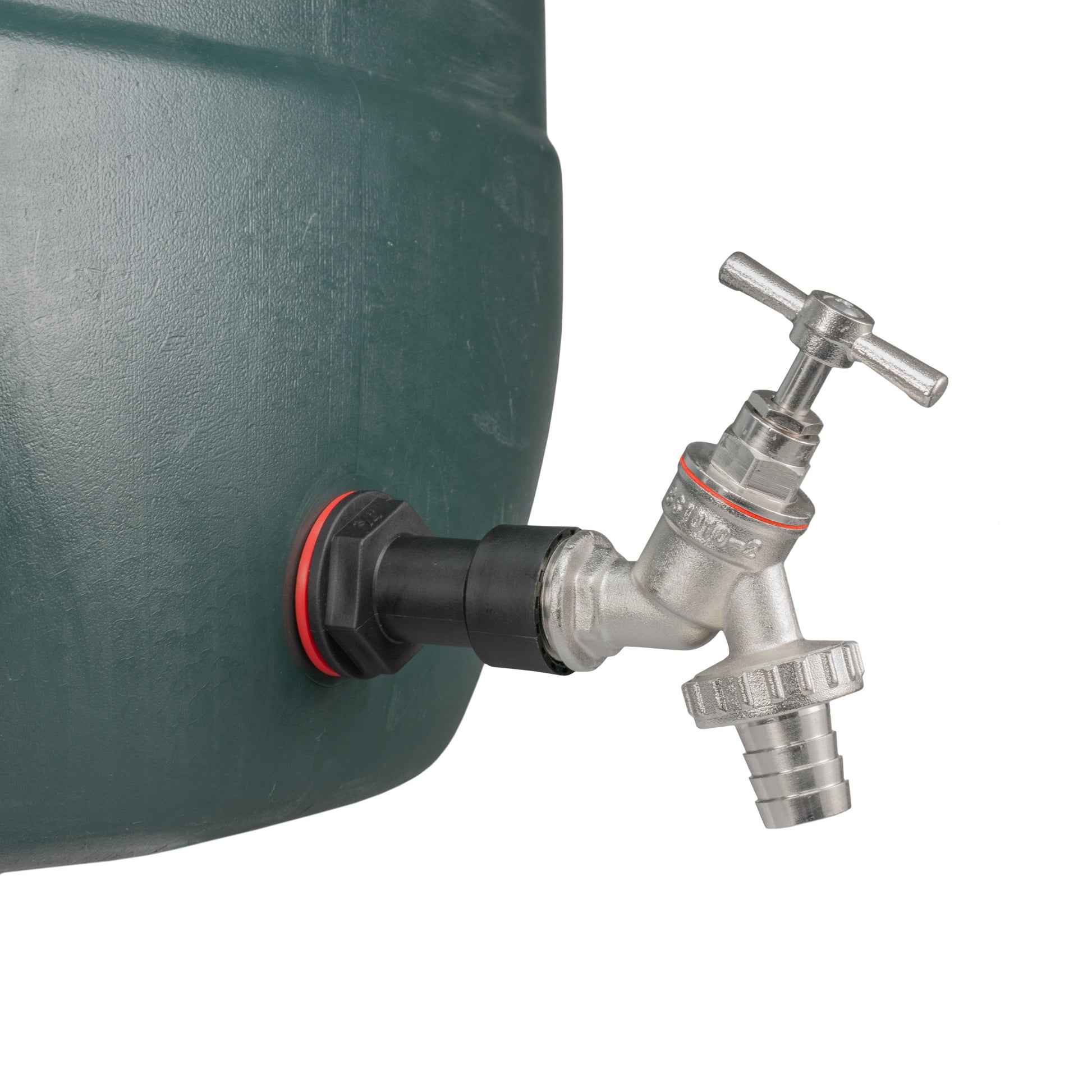 Nickel-plated barbed tap with lever handle, connected to water butt outlet