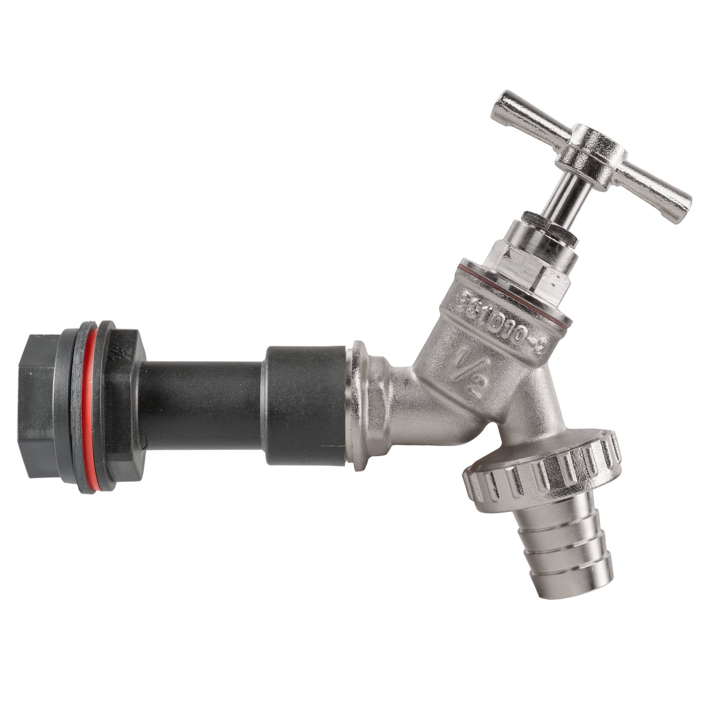 Nickel-plated barbed tap with black 1/2" extension connector and red seal ring