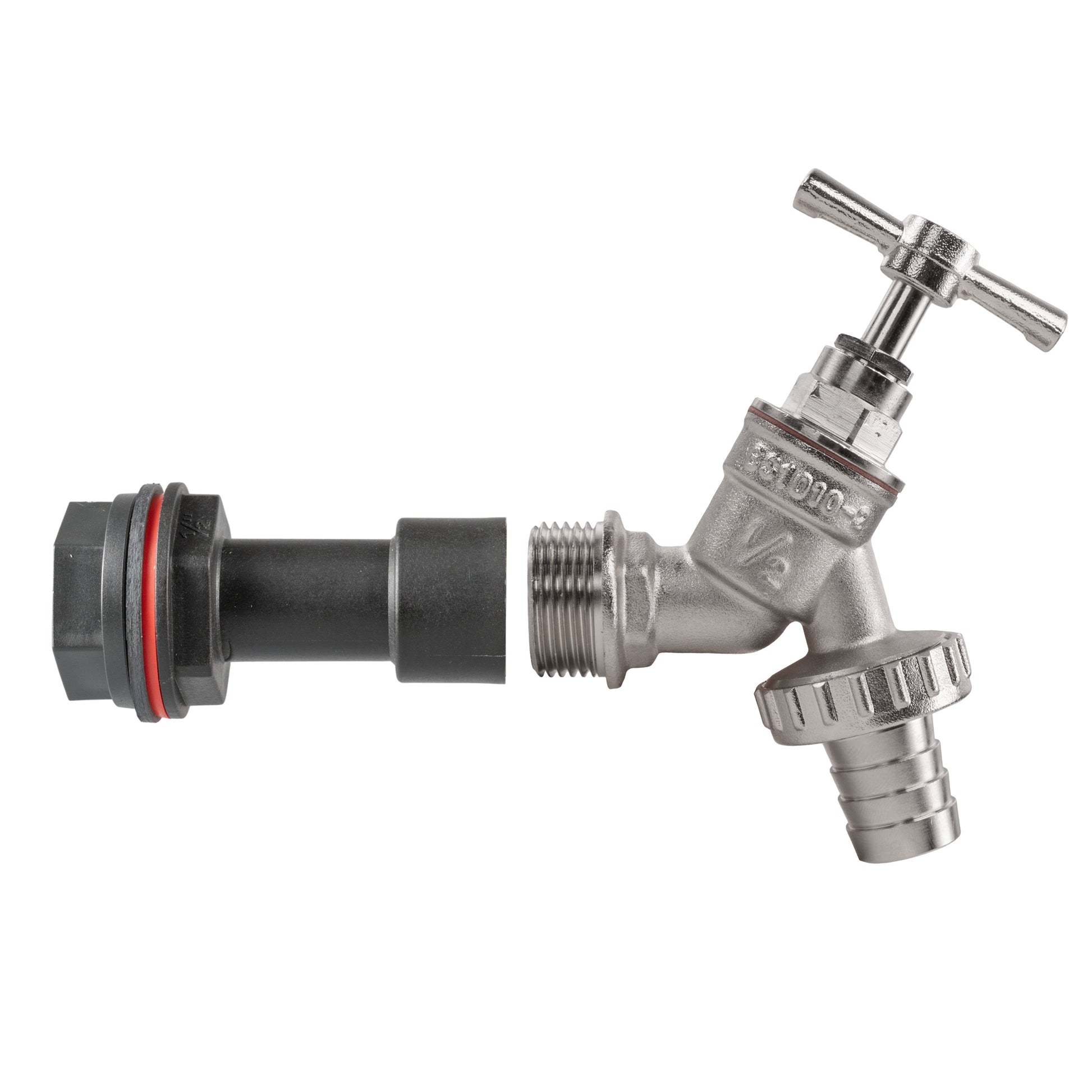 1/2" extension connector with barbed tap and threaded outlet section, nickel-plated