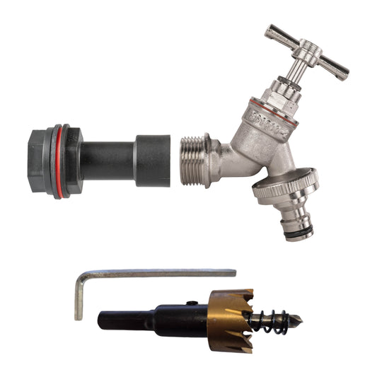 Wasserfass-Adapter: 1/2" Schnellkupplung mit vernickeltem Hahn und Ventil