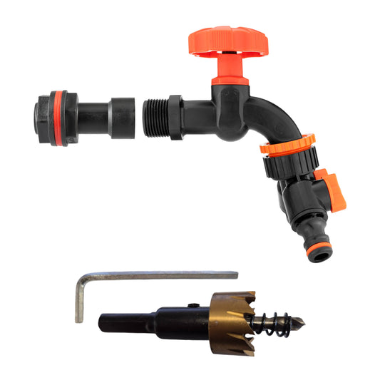 Water butt extension kit with black dial tap, splitter and drill bit—1/2 inch BSPM