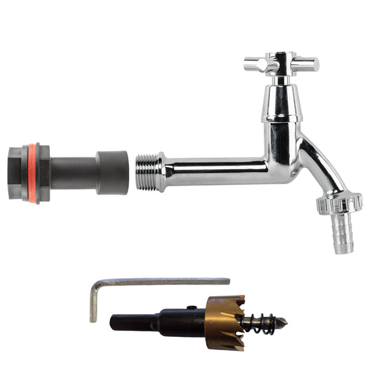 Water butt extension kit: chrome tap, 1/2" barb connector and drill bit set