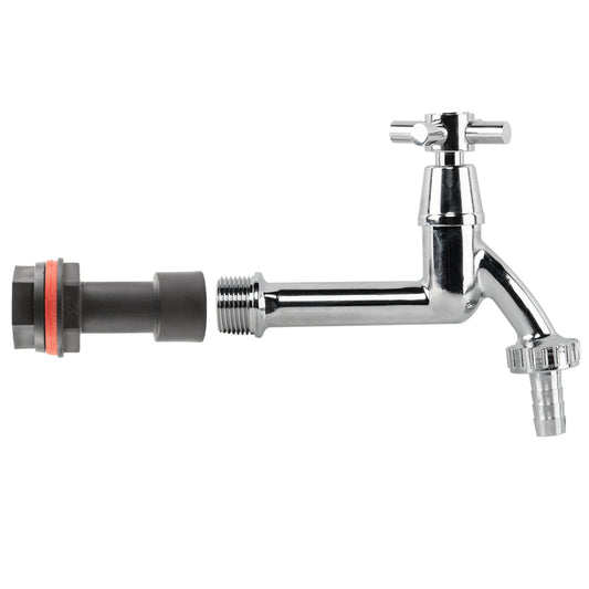 Water butt extension kit with extended chrome tap and 1/2" barbed outlet adaptor