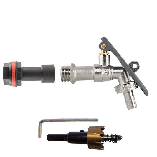Water butt extension kit 1/2" with lever tap hose barb and lever lock