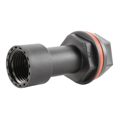 Black 1/2" BSPM-F connector with orange seal ring; one end threaded, other open