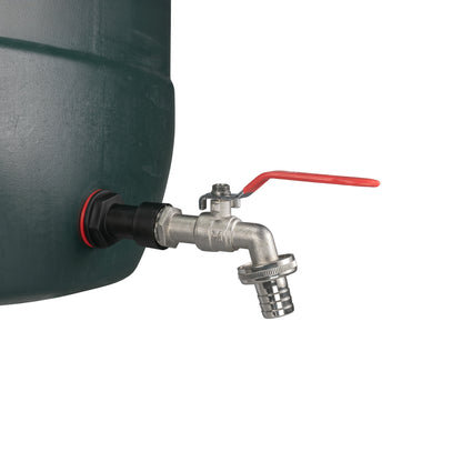 Lever tap fitting with red handle and barbed hose connector on 3/4" BSPM extension