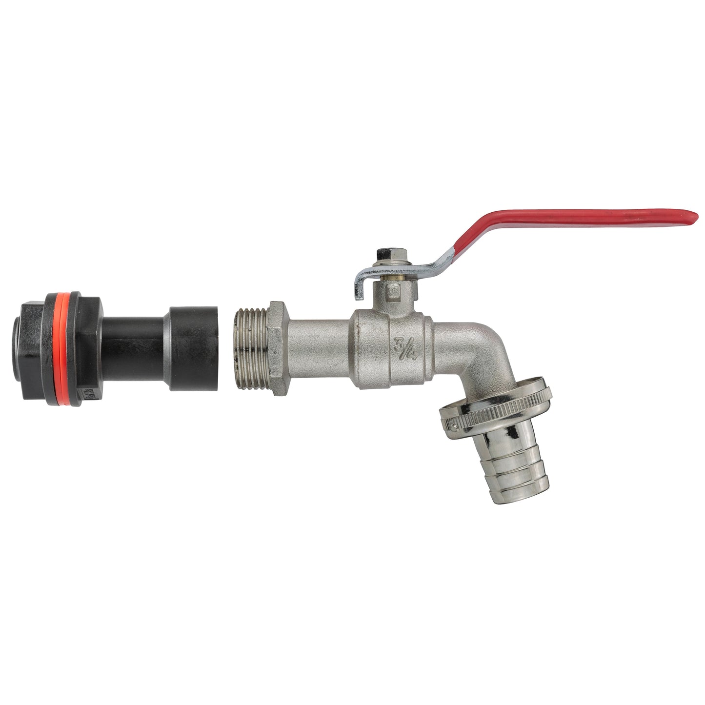 Water butt extension kit with red lever tap, black end connector and silver barbed outlet