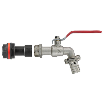 Water butt extension kit with red lever tap, black end connector and silver barbed outlet
