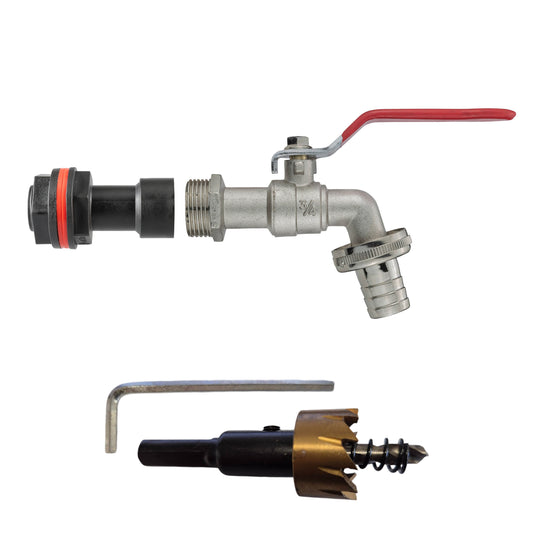 Water butt extension kit 3/4" BSPM barbed lever tap with drill bit