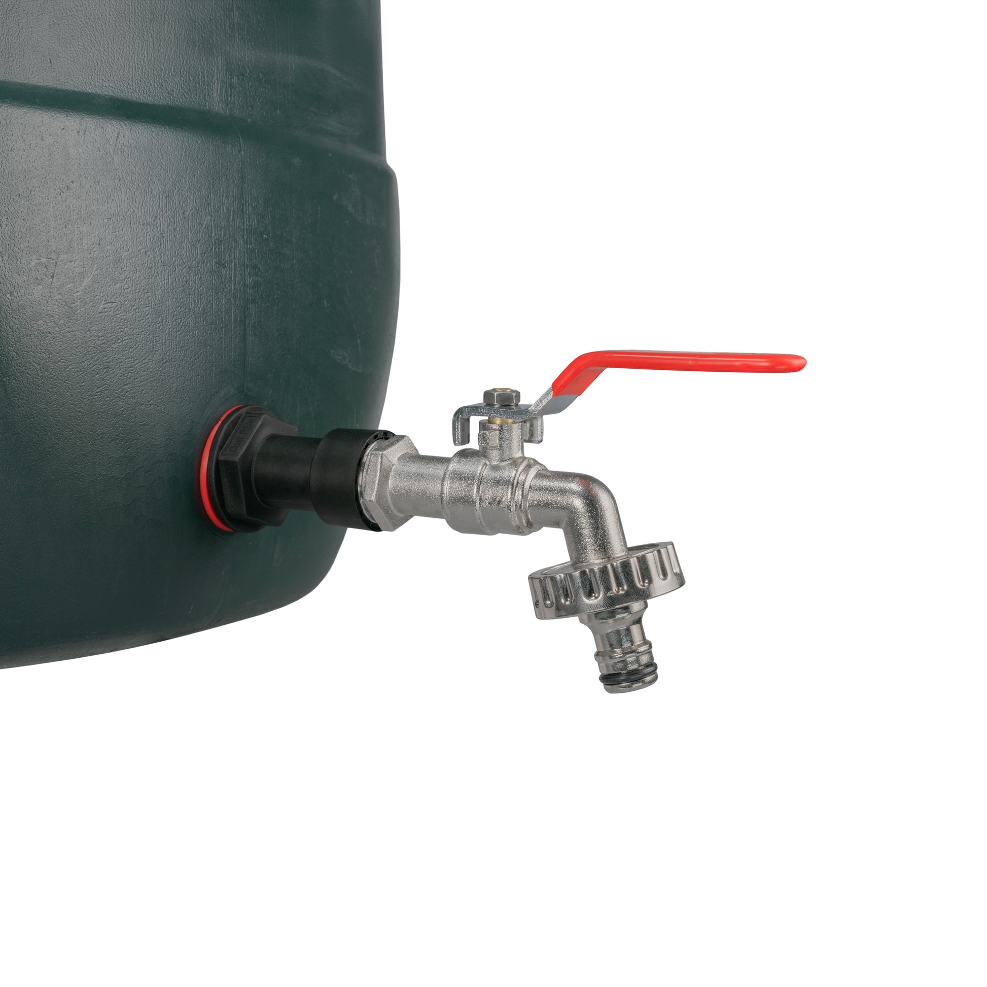 Quick-connect lever tap with red lever, hose outlet and ribbed clamp