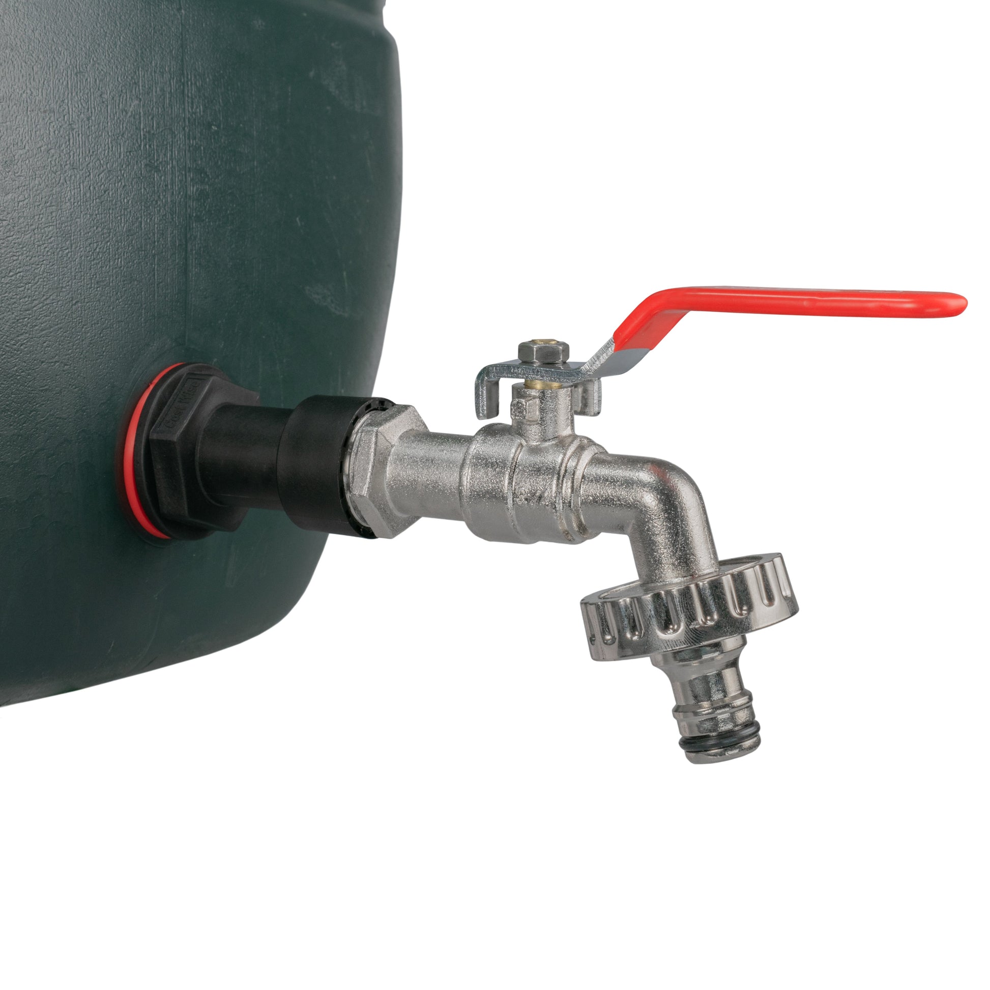 Water butt tap connector with red lever, metal valve and ribbed outlet