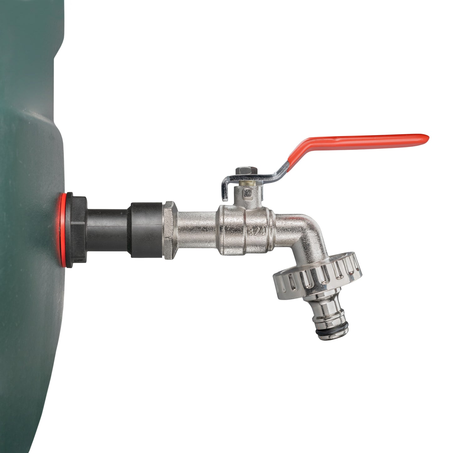Water butt tap extension with red lever and black quick-connect coupling