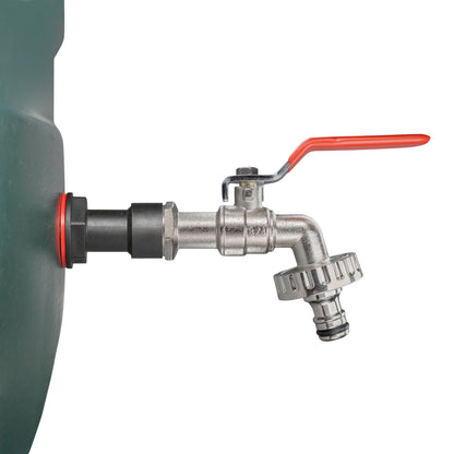 Water butt tap extension with red lever and black quick-connect coupling