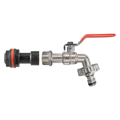 Water butt extension kit with red lever, ribbed tap head and threaded connector