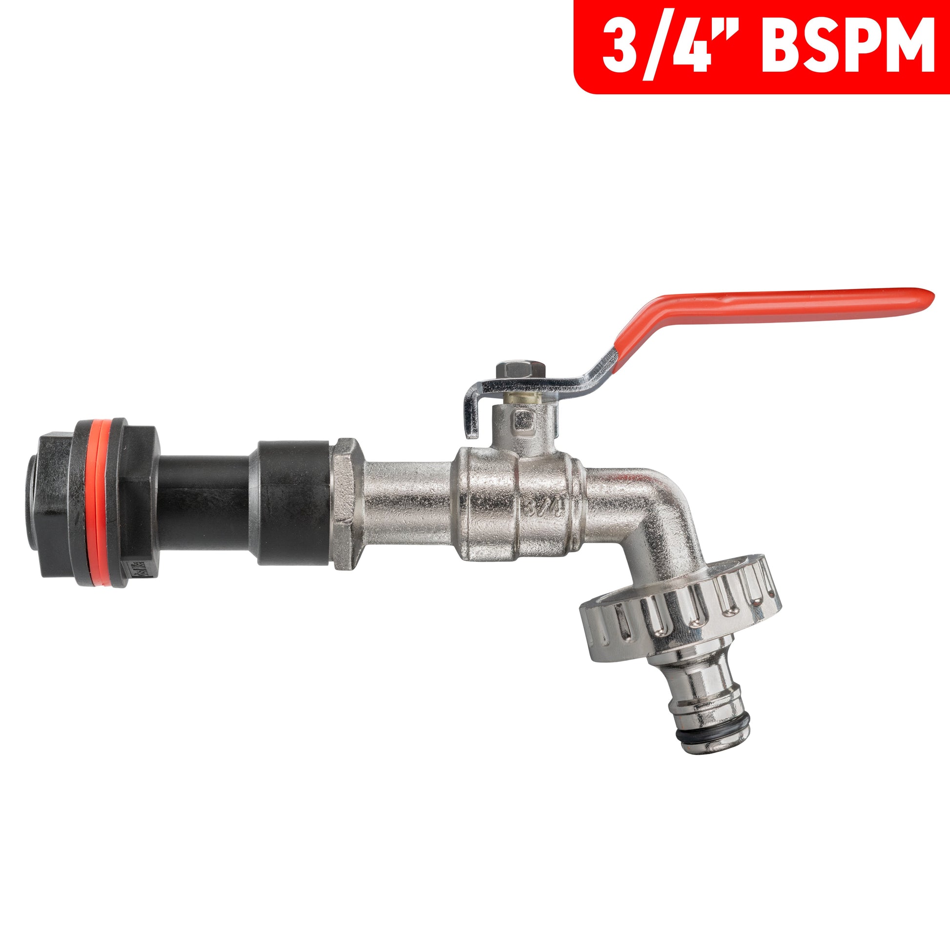 3/4" BSPM water butt extension lever tap with red handle and ribbed outlet