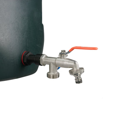 Water butt extension tap kit with two metal outlets and red handle lever