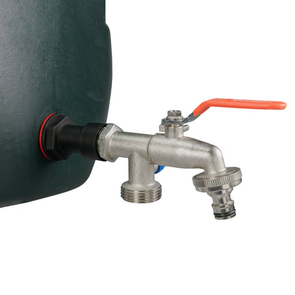 Water butt extension tap kit showing metal body, two-thread outlets and red lever