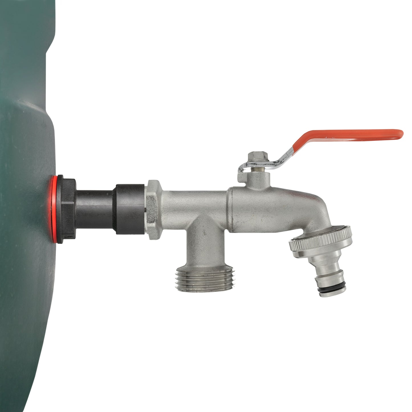 Water butt extension tap kit with red lever, single side outlet and connecting fittings