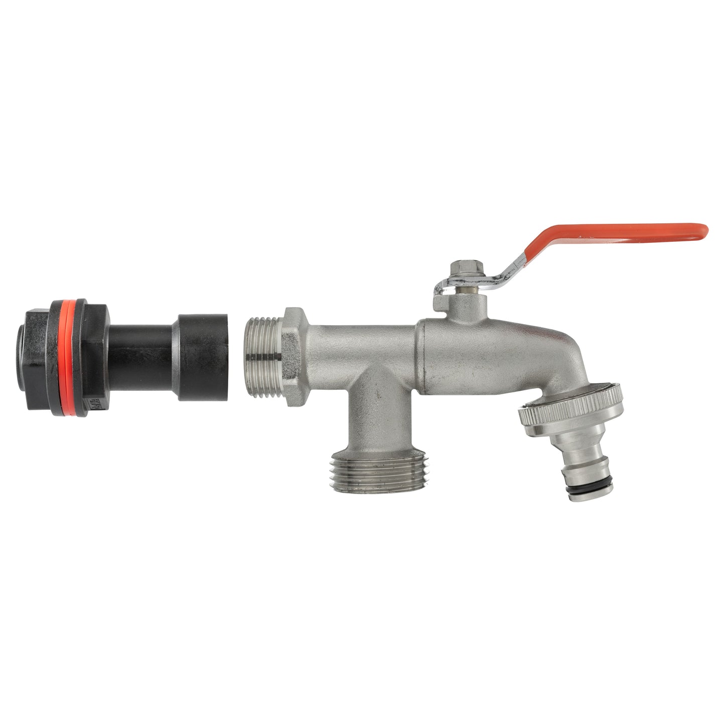 Water butt extension tap kit with 3/4 in connection, metal valve body and red lever