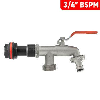 Water butt extension kit labeled 3/4 in BSPM, double-tap metal valve with red lever