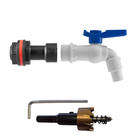 Water butt extension kit: white PVC tap, drill bit, 3/4" BSPM