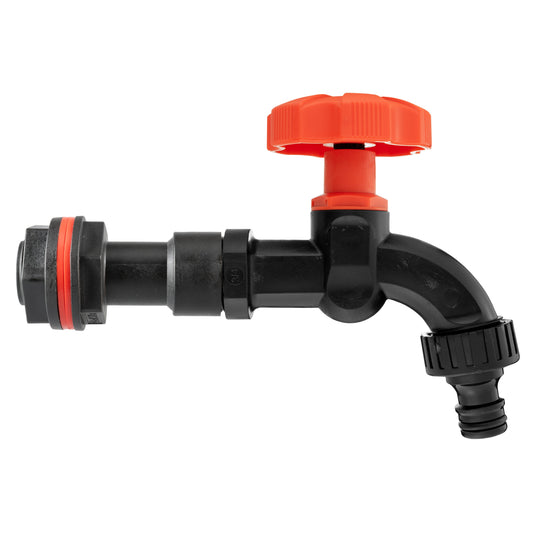 3/4" Wasserfass-Erweiterungsset mit schwarzem Drehknopf-Hahn, rote Kappe und Anschluss