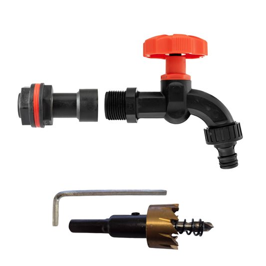 Water butt tap extension kit: black valve, orange dial, 3/4" connector, drill bit