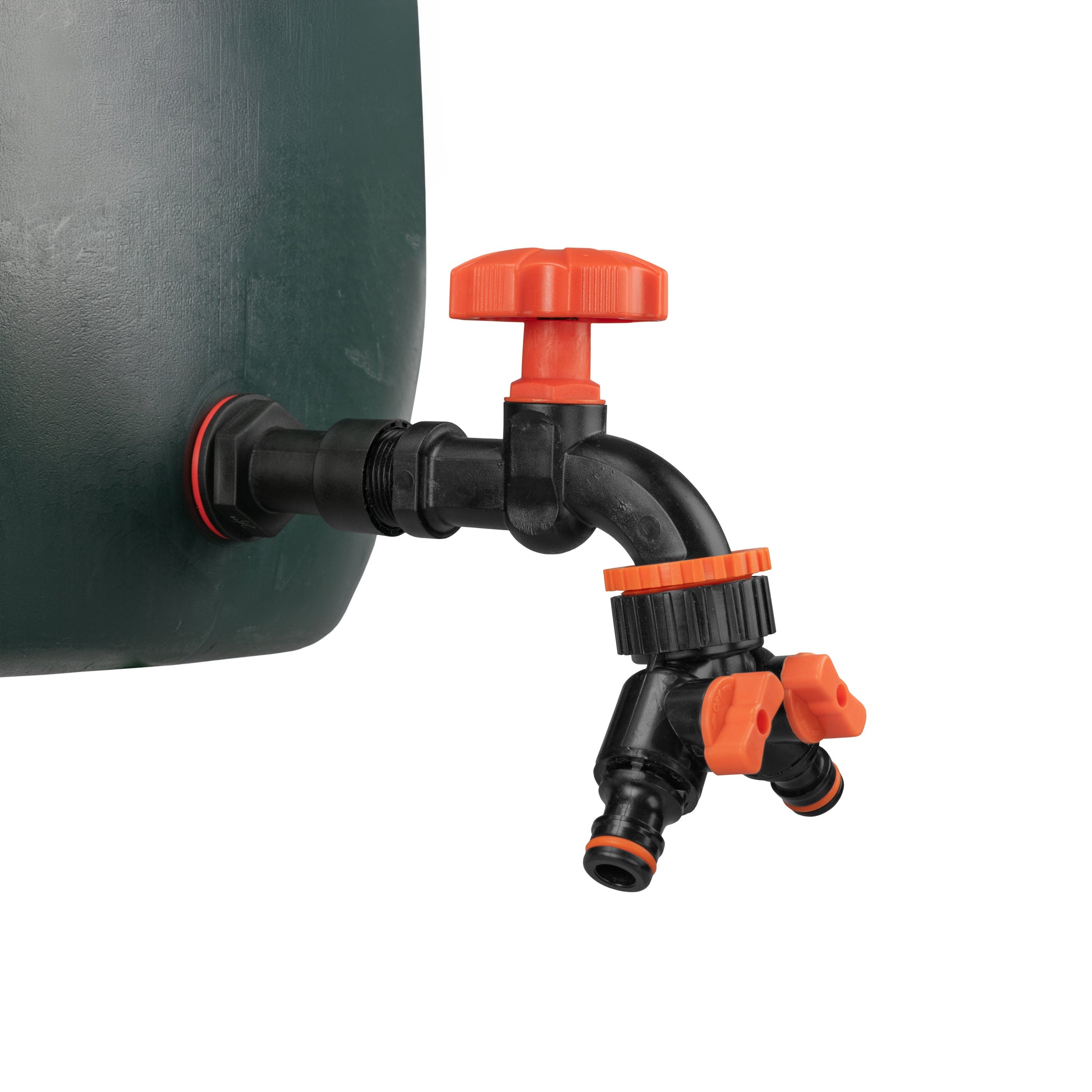 Water butt tap extension with black control dial and two-way outlet splitter, orange/black