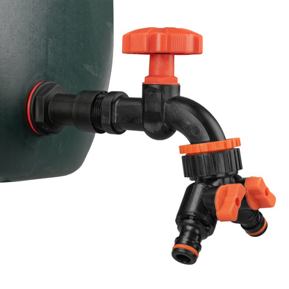 Water butt extension tap with two-way splitter and orange/black control knobs