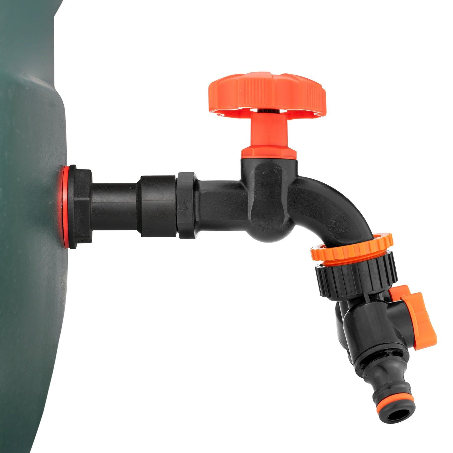 Water butt extension tap with orange top cap and two black hose connections, orange/black