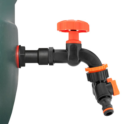Water butt extension tap with orange top cap and two black hose connections, orange/black