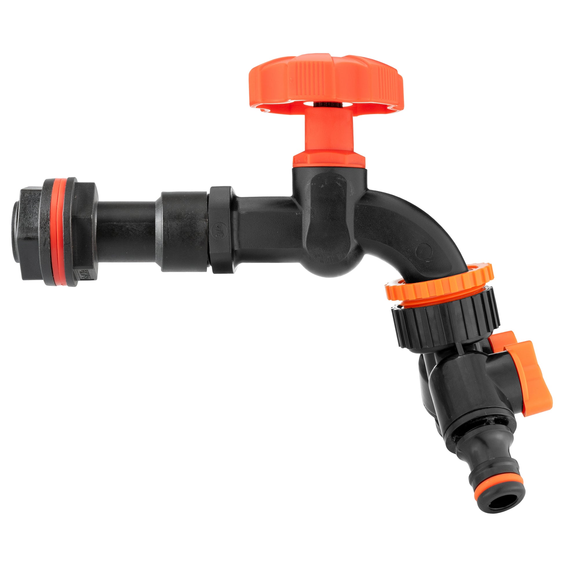 Water butt extension tap with two-way splitter, orange dial and black hose outlet ports