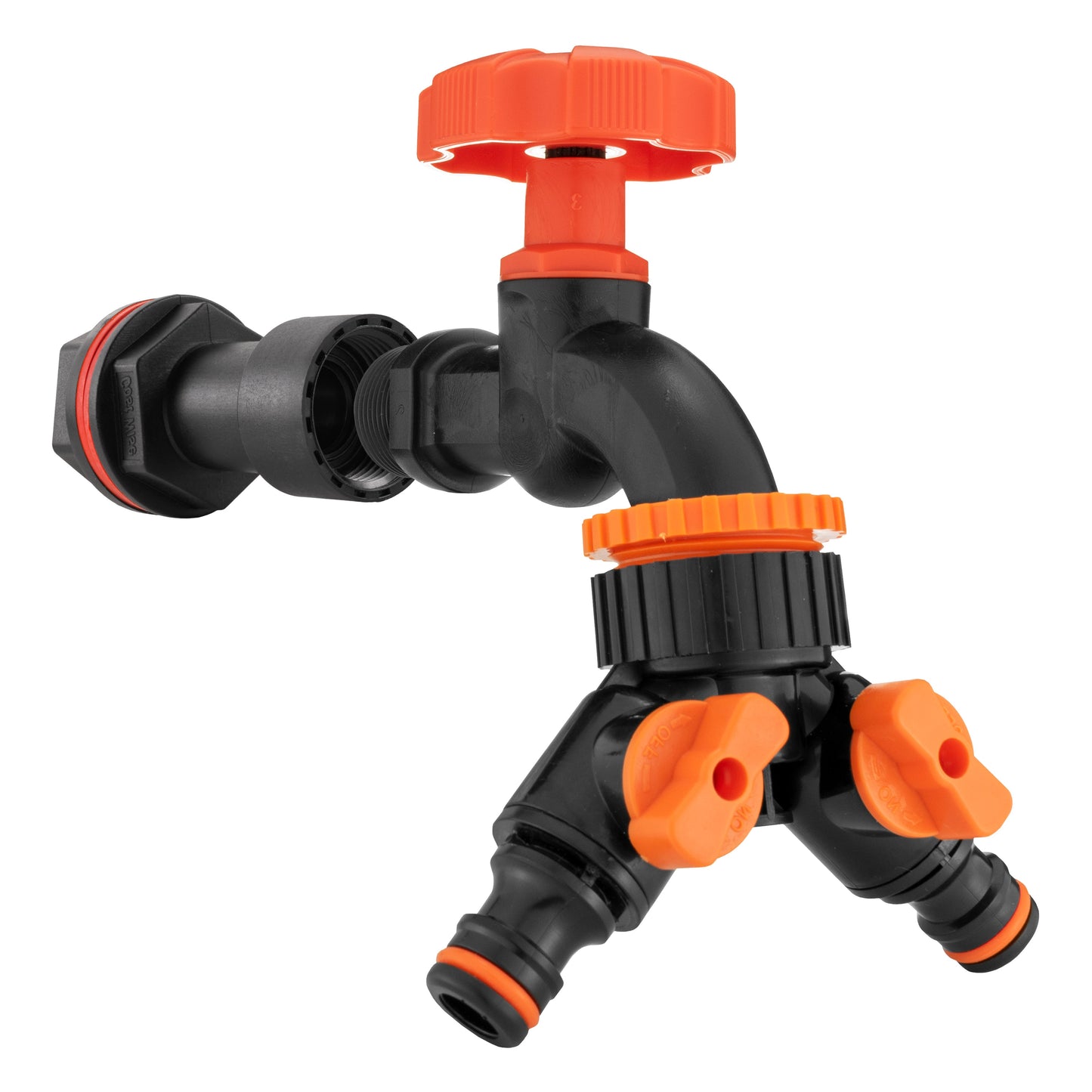 Water butt extension kit 3/4" with black dial tap and two-way splitter, orange/black