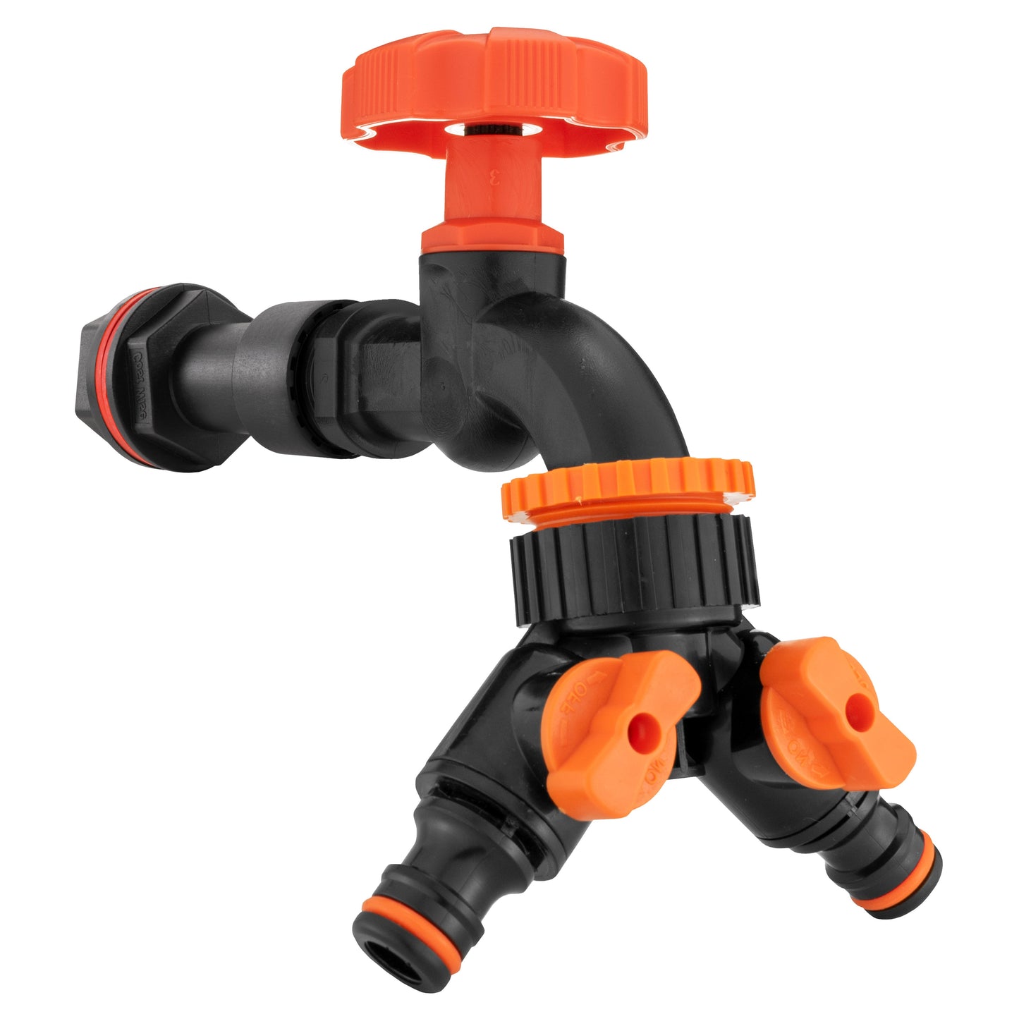 Zweifach-Splitter des Wasserfass-Setups: orange Hebel, schwarzer Anschluss und Auslass