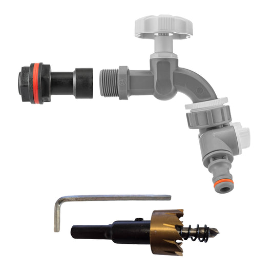 Wasserbutt-Adapter 3/4" BSPM mit grauem Drehhahn, 2-Wege-Verteiler und Bohrer