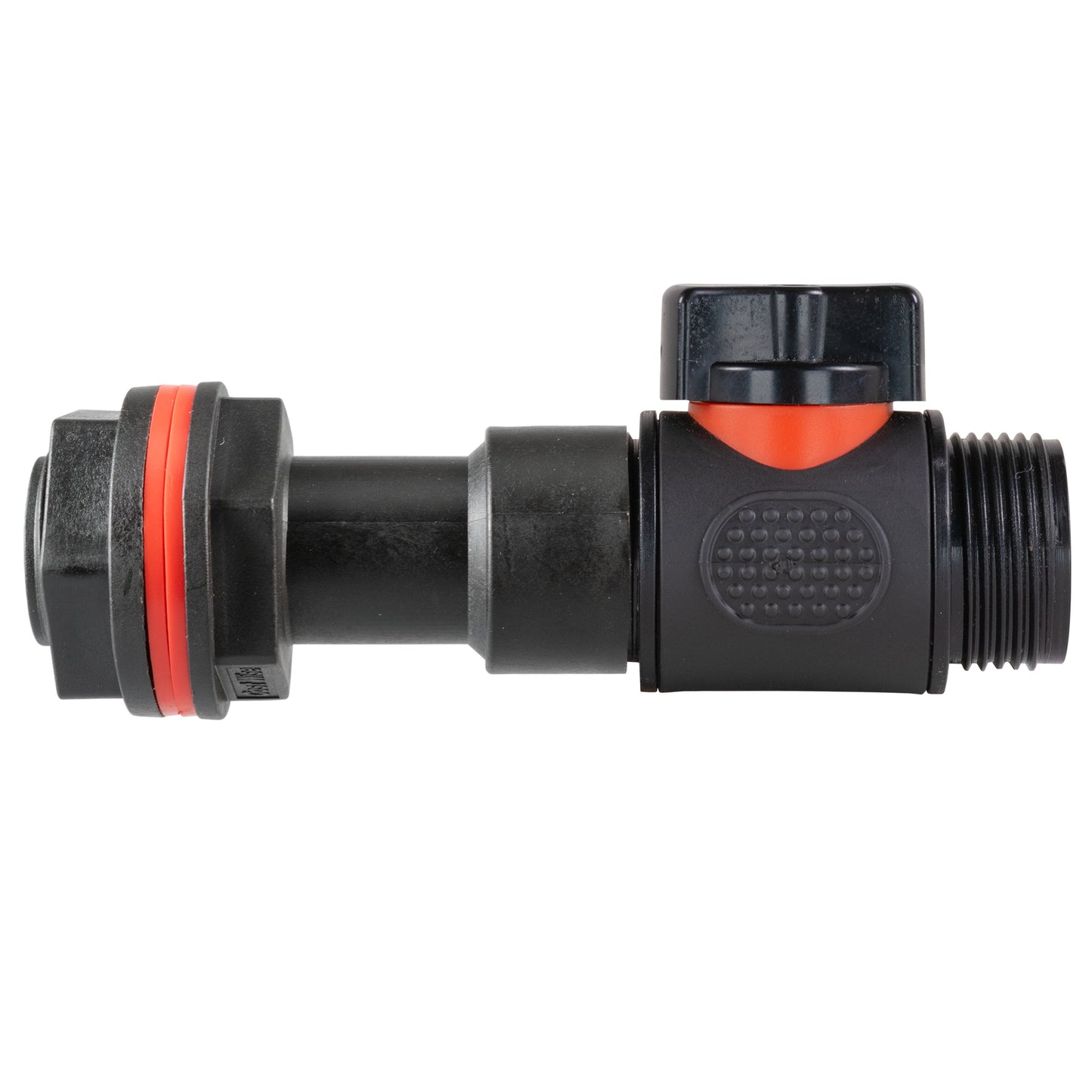 Water butt extension inline valve with textured grip and threaded 3/4" BSP outlet