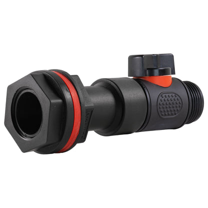 Inline valve connector angled view with threaded 3/4" BSP ports and red seal ring